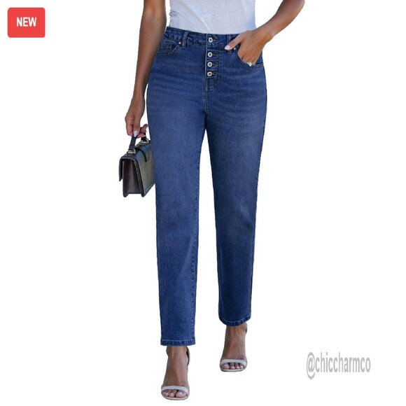 High Waisted Straight Leg Jeans Stretchy Denim Button Fly Pants